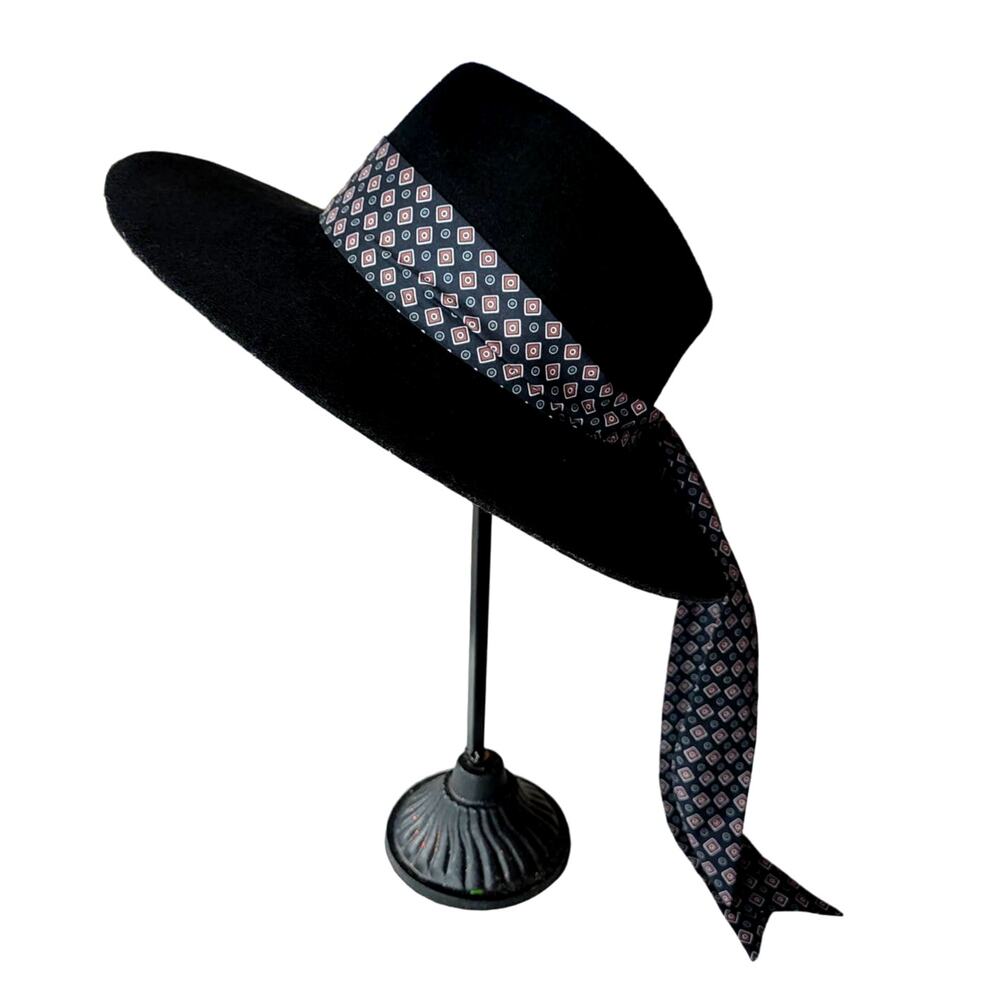 Zara Black Felt Hat with Printed Scarf Size Medium Boho Bohemian - Picture 6 of 10